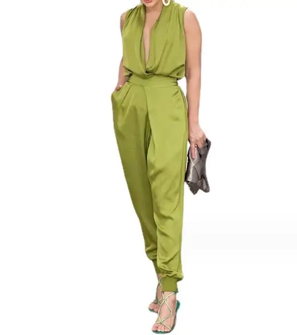 Jumpsuit for Women Summer Sleeveless New Elegant Sexy Deep V Neck High Waist Wide Leg Long Temperament Commuting Pants Jumpsuit