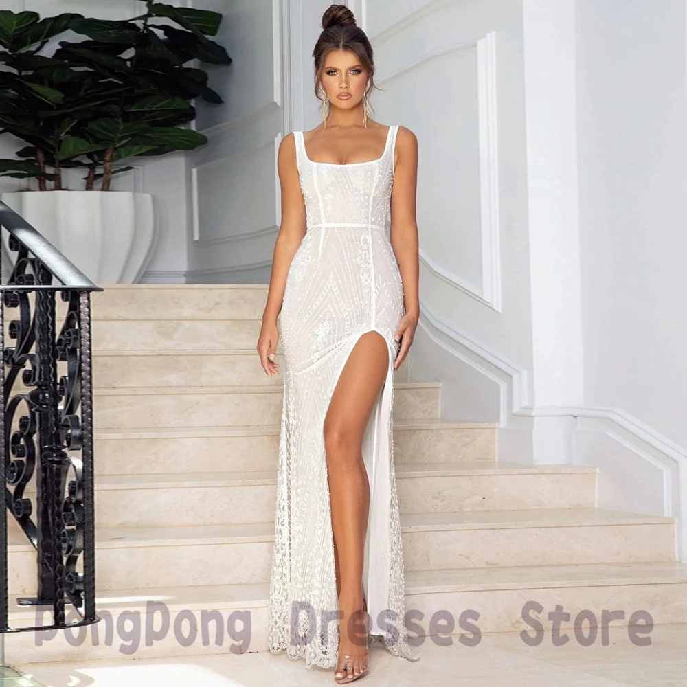 

Ivory Prom Dresses Bateall Sexy High Side Split Skirts Evening Gowns Sheath Sleeveless Open Back Women Special Occasion Dress