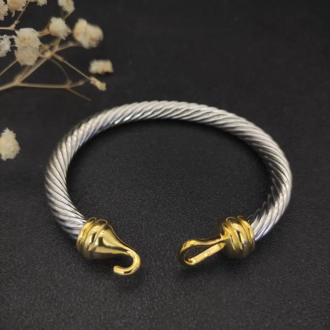 

High Quality Men's Bracelet 7MM Cable Classic BuckleBracelet with 14k Gold 925 Sterling Silver Free Shipping