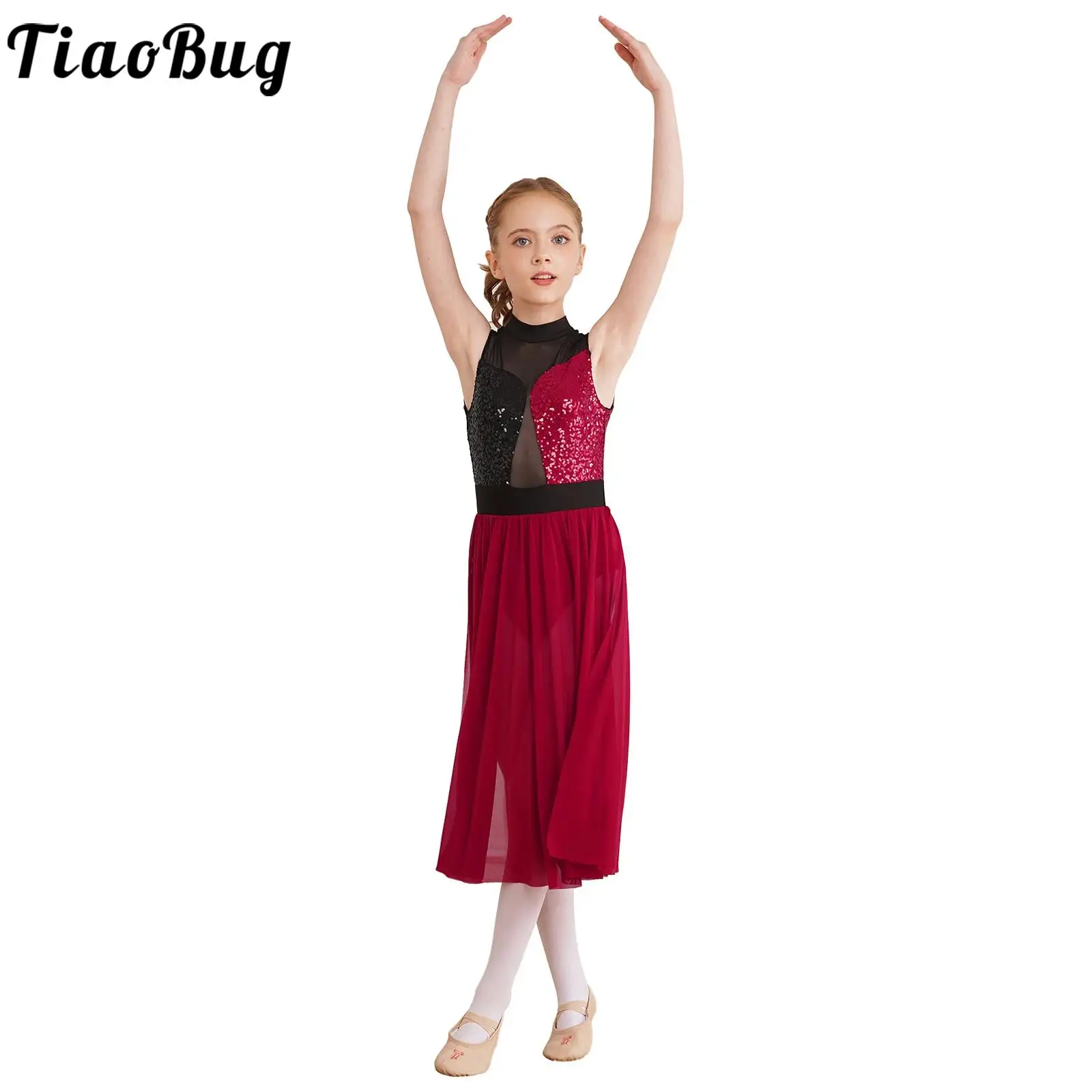 

Детские блестящие танцевальные платья с блестками для девочек, лоскутное платье без рукавов с ложным воротником и разрезом сбоку, прозрачные сетчатые платья