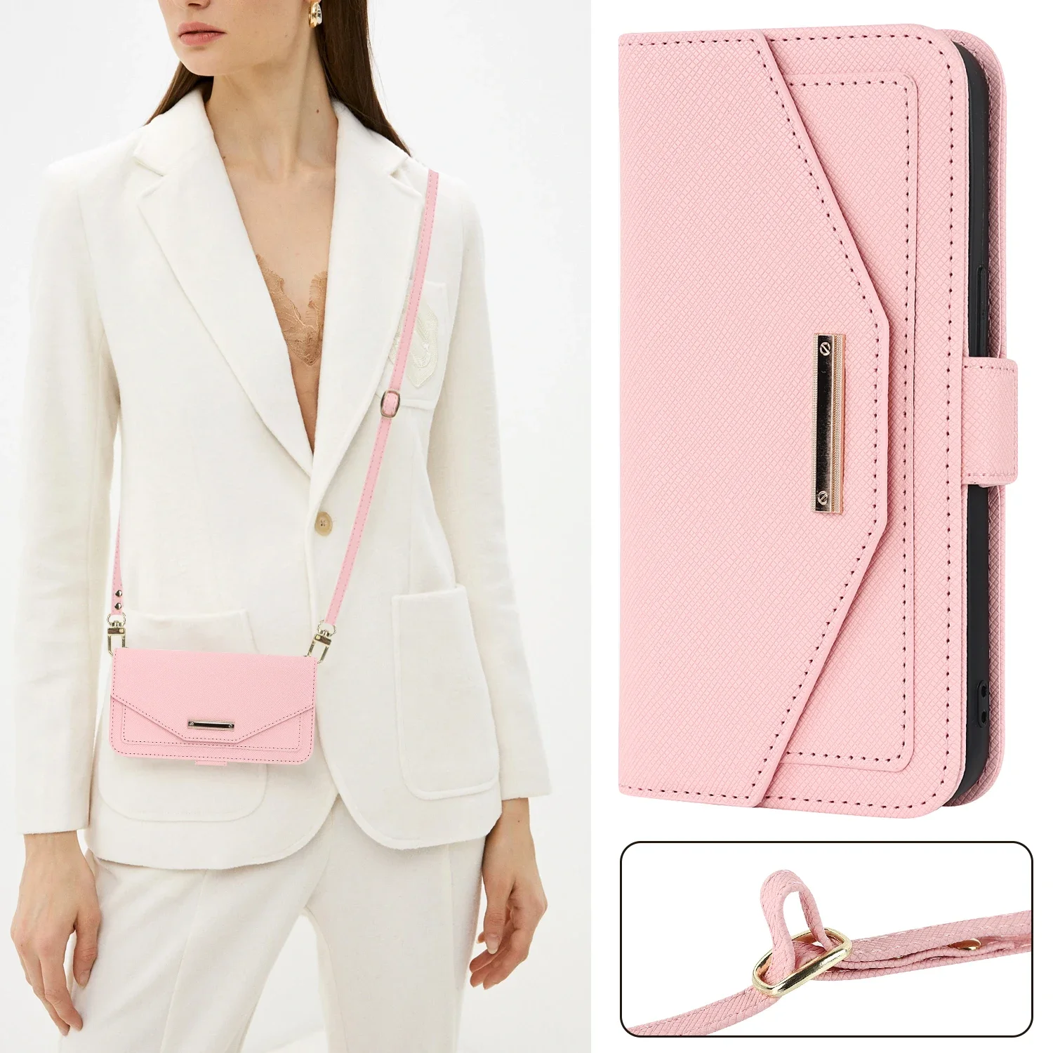 Lanyard Crossbody Wallet Case with Card Slots and Magnetic Stand Mirror Book Cover