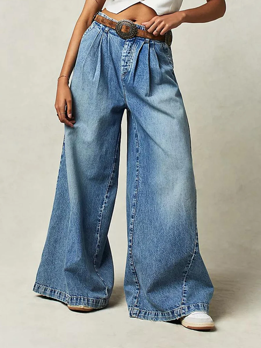 

New Fashion Womens Baggy Jeans Fashion Mid Rise Wide Leg Denim Pants Casual Streetwear Trousers Club Street Style Hot Sale