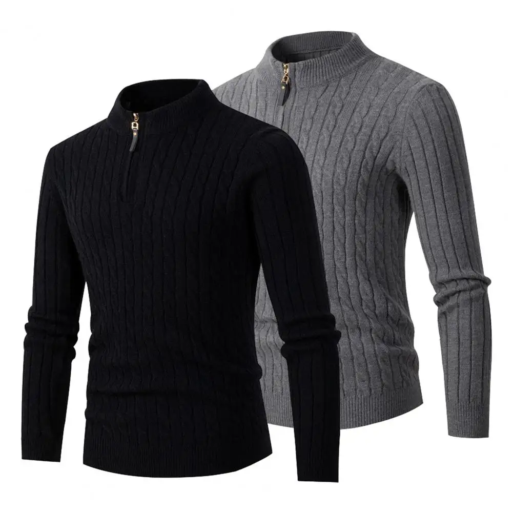 Men Knitted Sweater Men's Thick Knitted Zipper Sweater with Half-high Collar Twist Texture Slim Fit Elastic Warm Winter Fall