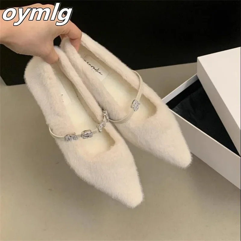 2023 Autumn/Winter New Pointed Plush Shoes Flat Sole Single Shoes Women's Comfort Plush Shoes