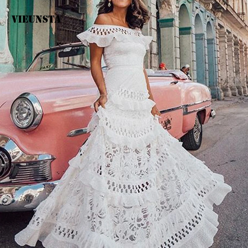

Party Sexy Ladies Lace Dress 2024 Summer New Solid Color Slim Fit One Line Shoulder Lotus Leaf Edge Hollowed Out Elegant Dresses
