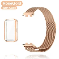 Enhanced Metal Strap with Milanese Magnetic Loop and TPU Case Screen Protector for Honor Band 9 or 10 (RosGold Case ad Band)