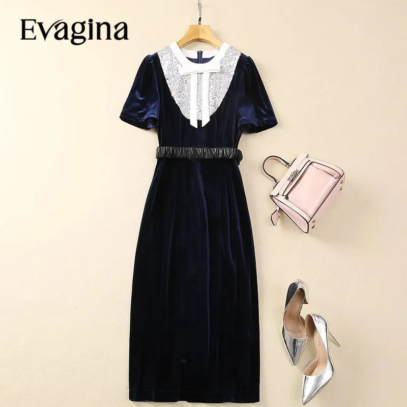 

Evagina New Fashion Runway Designer Women's Round Neck Short Sleeve Bow Sequin Patchwork Waist Leather Velvet Vintage Dress