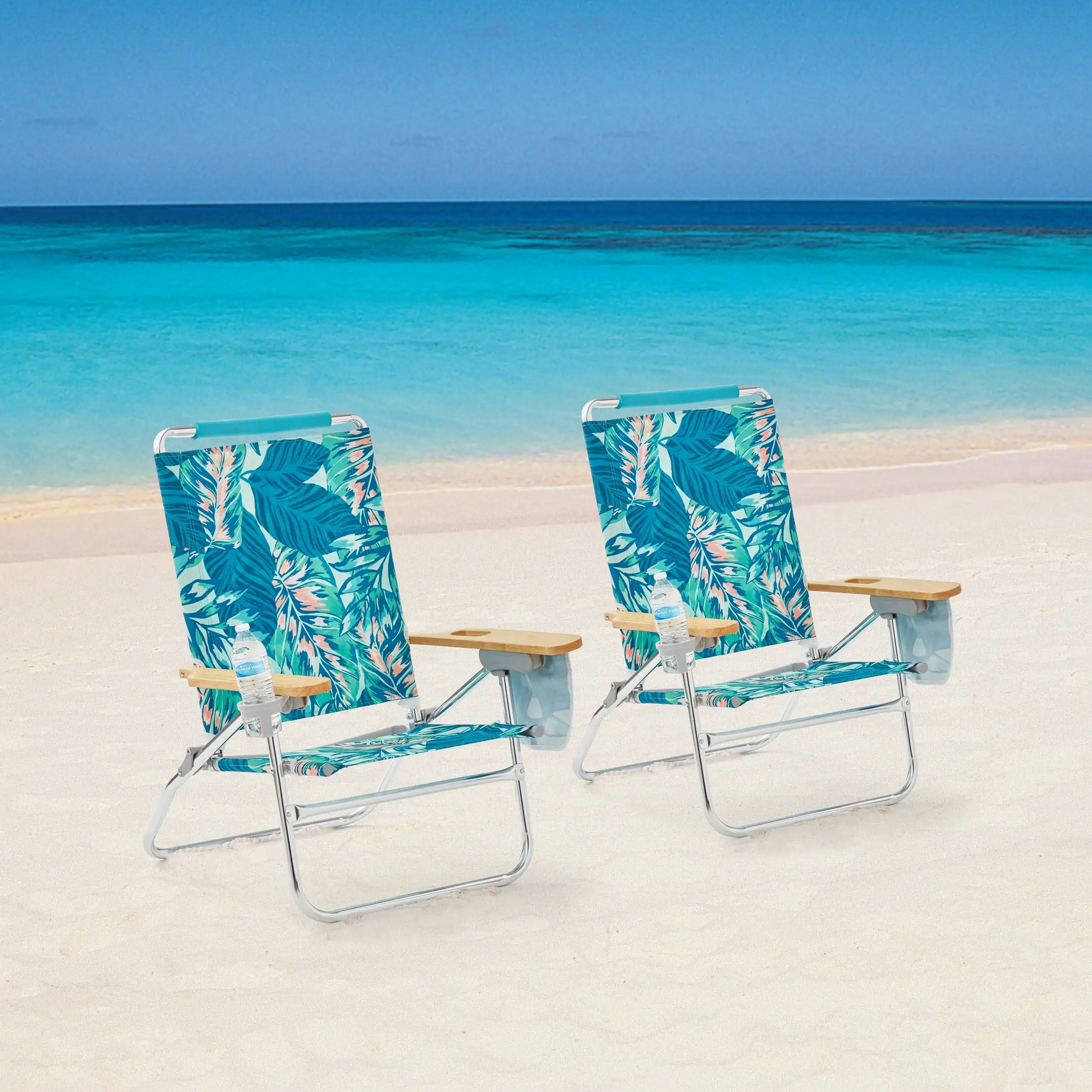 

2-Pack Wood Arm Reclining Comfort Height Beach Chair, Green Palm