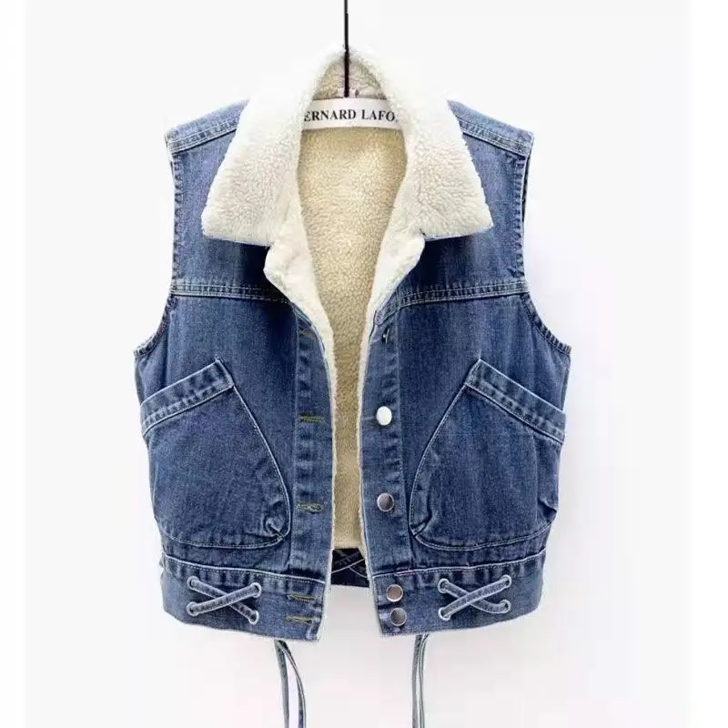 

New Winter Lamb Wool Thickened Denim Vest Women's Sleeveless Fur Lined Coat Warm Korean Fashion Waistcoat Loose Jackets