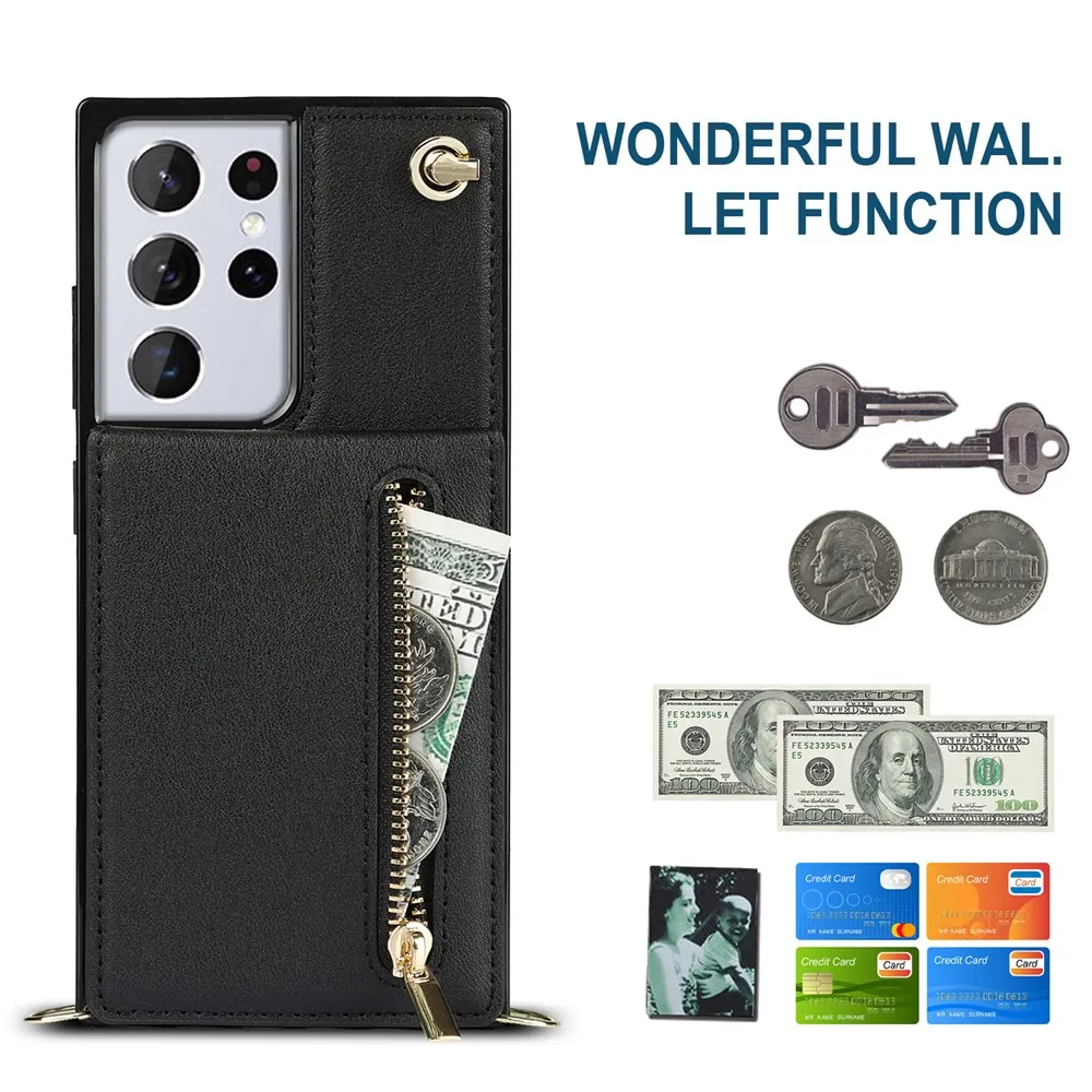 Leather Case For Samsung Galaxy Note 10 20 S23 S24 Ultra S22 Plus S21 FE S20 Cards Holder Wallet Stand Cover Single Shoulder Bag