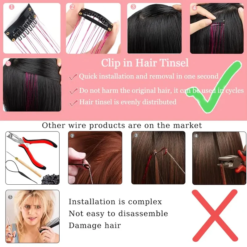 12pcs 20inch Tinsel Hair Extensions Wigs Colorful Shiny Artificial hair extensions Clip in Women Hairpieces for Daily Party Wear