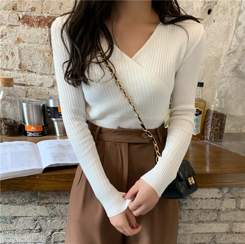 2021 Autumn Winter Women Long Sleeve V-Neck Front Rib-knit Stretchable Pull Sweater Korean Sweater Femme Jersey Jumper Pullover long sweater