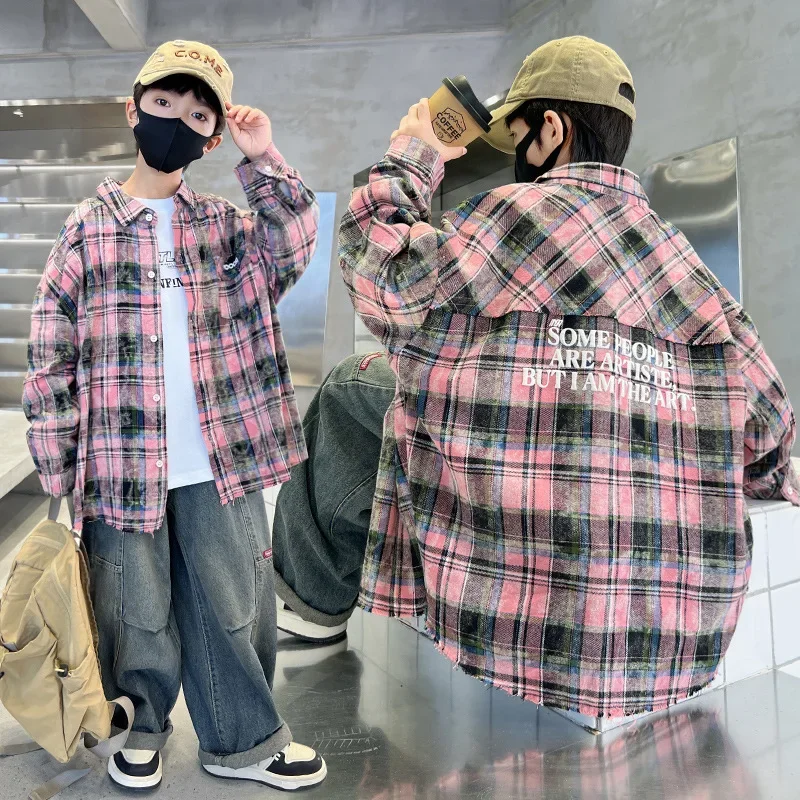 Early Autumn Plaid Shirt Jacket for Boys Loose Fit Children's Clothing Spring Autumn Kids Outfit Streetwear Boy's Top