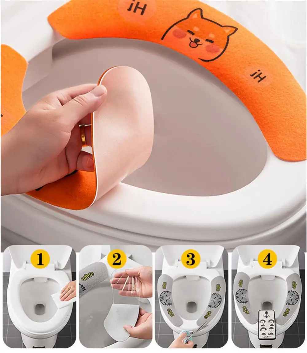 Household Bathroom Lavatory Cover Set Pedestal Cartoon WC Toilet Sticky Seat Pad Washable Universal Toilet Seat Cover Cushion