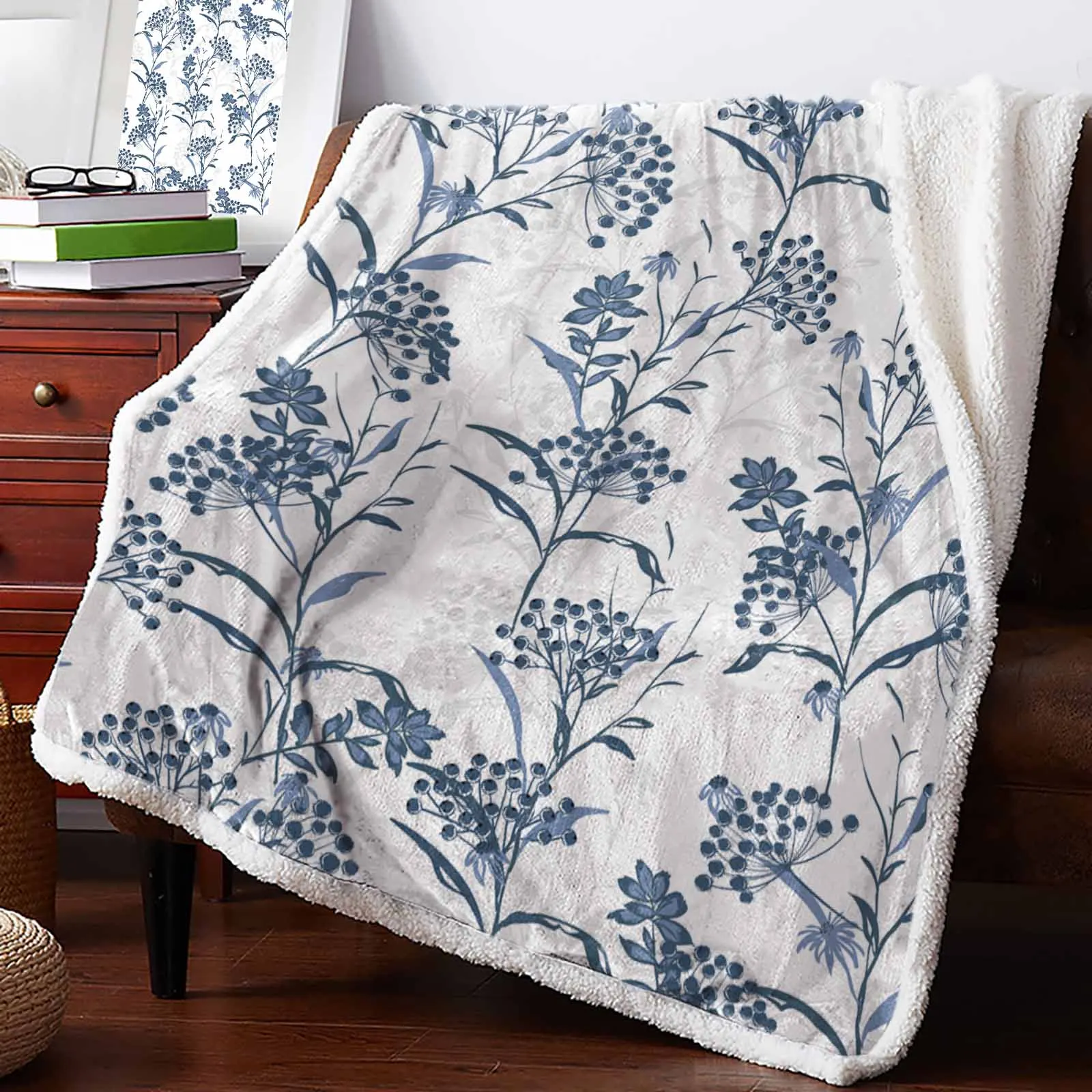 

Голубое кашемировое одеяло с принтом фруктов и растений, теплые зимние мягкие пледы, одеяла для кровати, дивана, шерстяное одеяло, покрывало