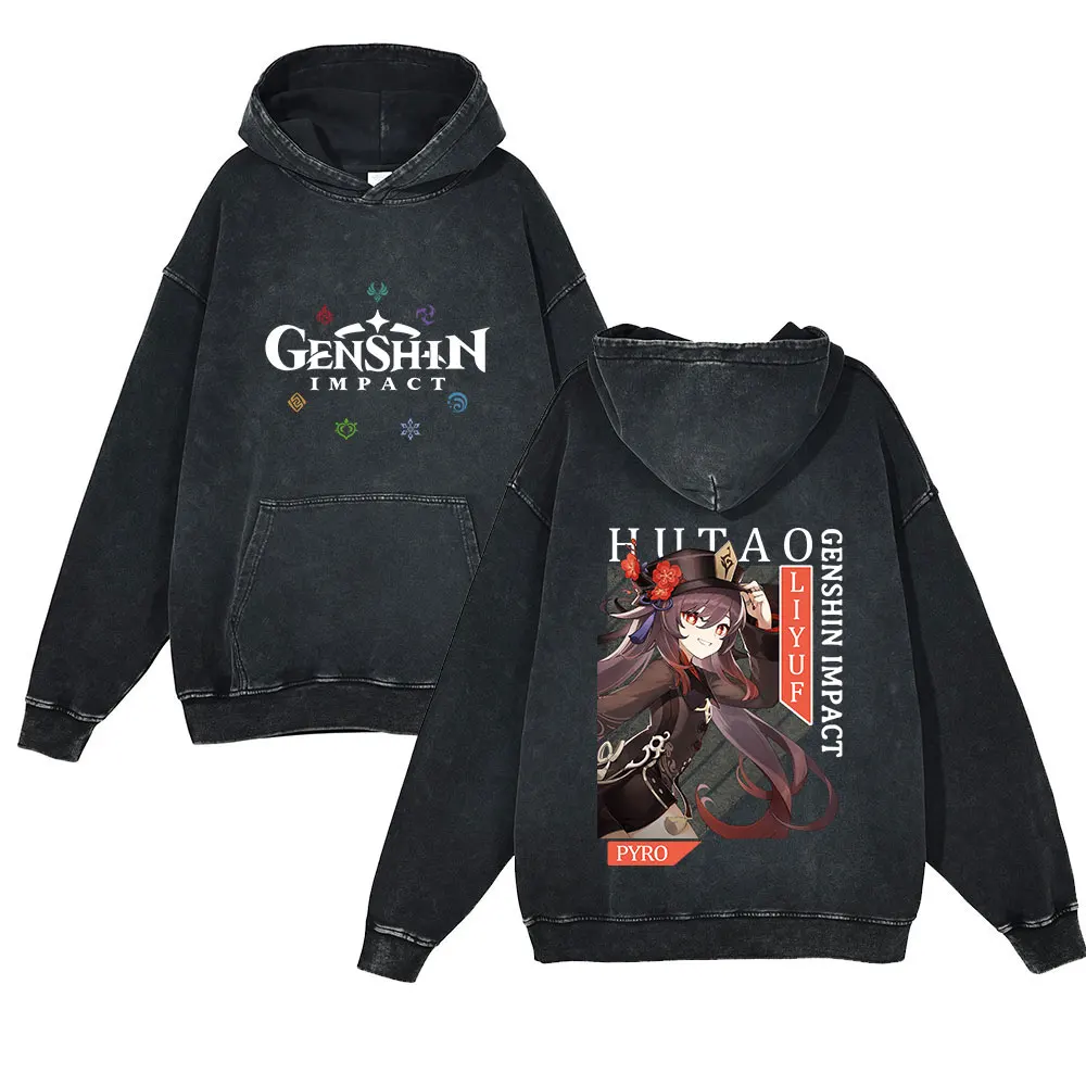 

Anime Game Genshin Impact Wash Hoodies Hu Tao Print Pullover Sweatshirts Vintage Hip Hop Cotton Women Men Winter Clothes