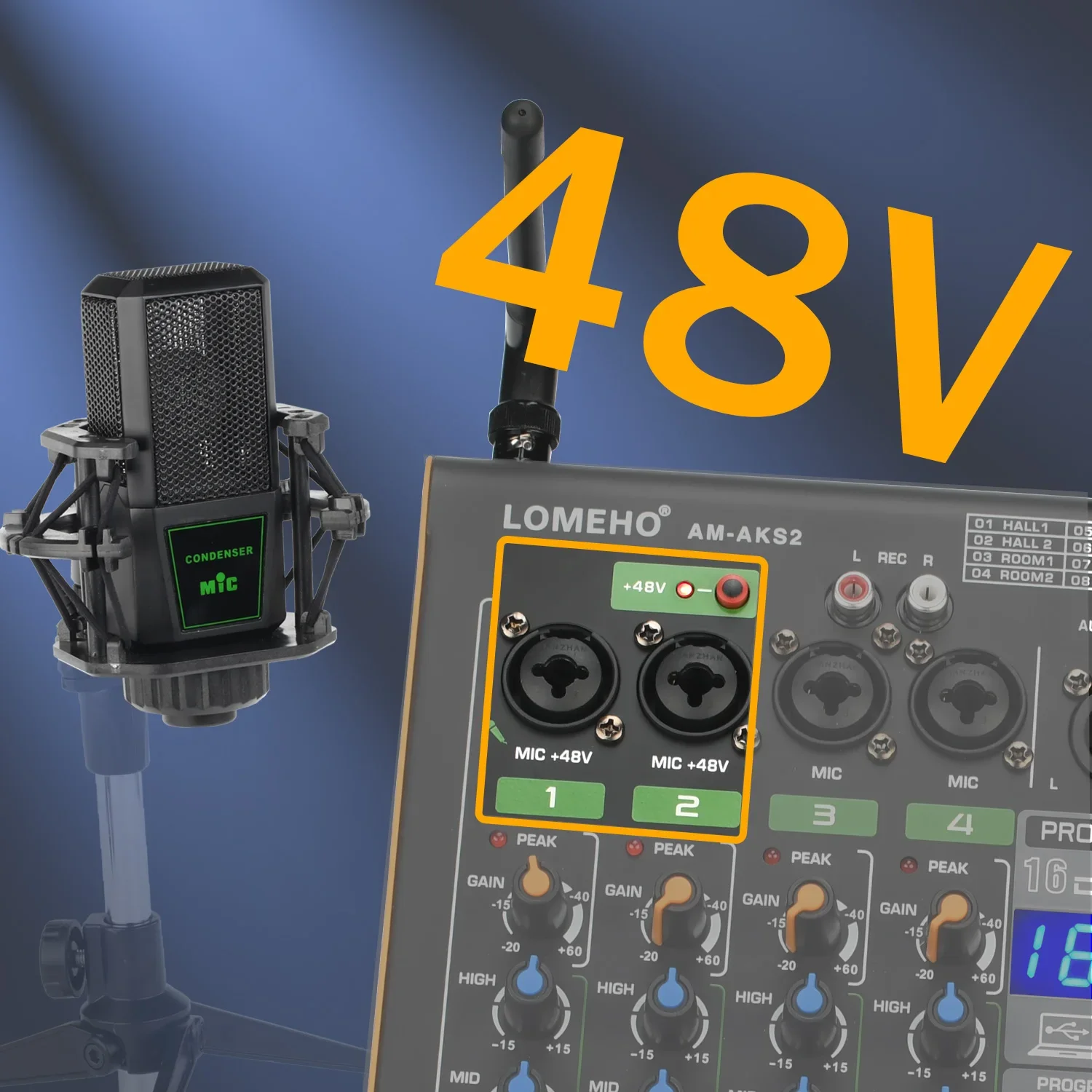 Wireless Microphone Audio Mixer 4 Channel Mixing Console 16 Effect Bluetooth Sound Audio Mixer 2 Adjustable Frequency Wireless Microphone AM-AKS2