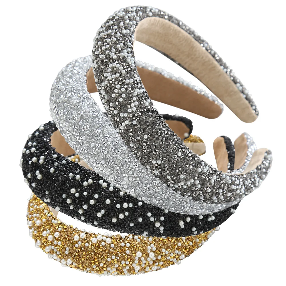 Womens Pearl-inlaid Hair Hoop Retro Fashion Pressed Wide-brimmed Hair Clip