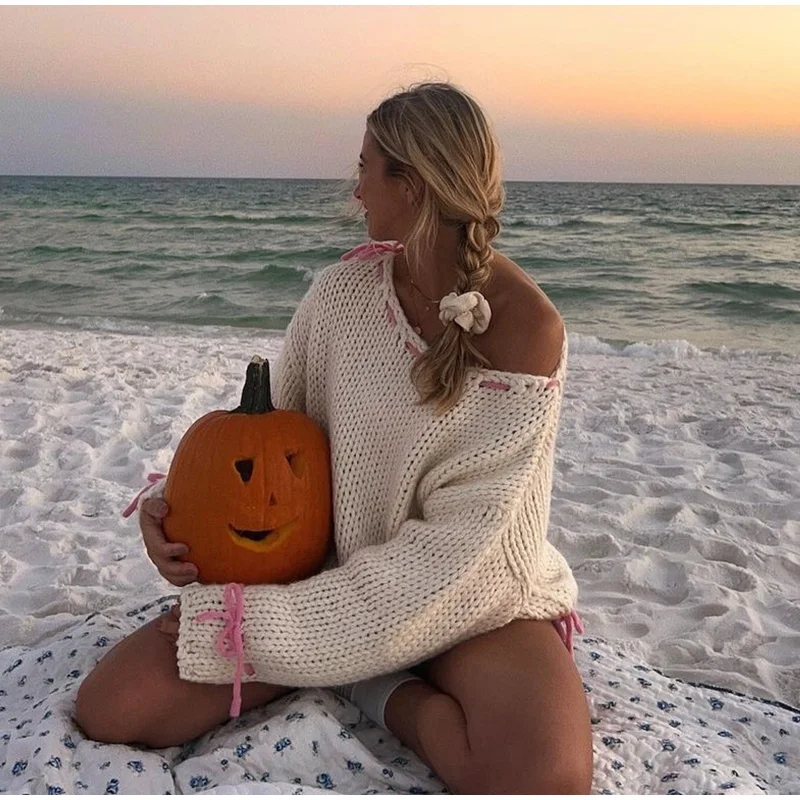 Chic Loose Lace Up Women's Sweater Elegant Round Neck Long Sleeves Pullover Top Lady Autumn Fashion Streetwear