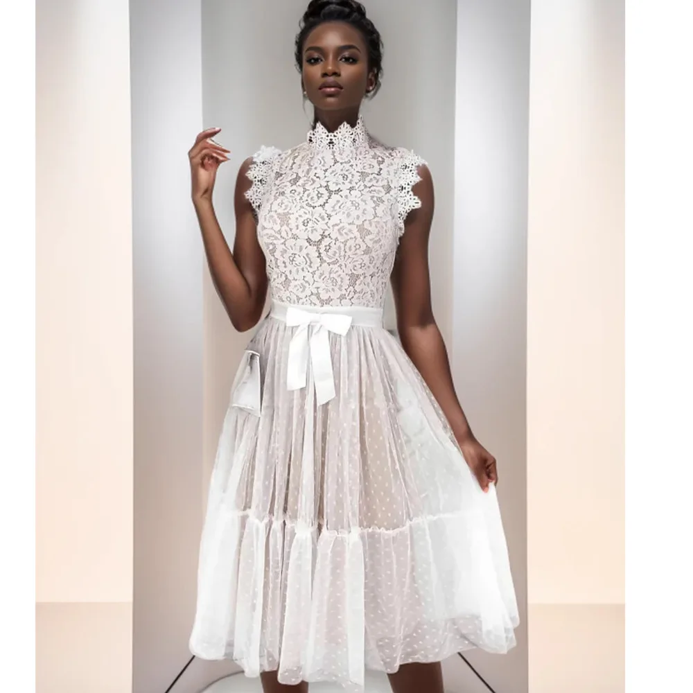 

New Women's Round Neck Lace Splice Wedding Dress 2024 Summer New Style Solid Color Elegant Bow Slim Long Street Holiday Dress