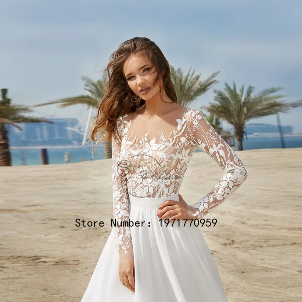 Elegant Scoop Wedding Dress For Woman Long Sleeves Soft Chiffon Bride Gown Applique Lace A-Line Sexy Open Back Vestidos De Novia 3