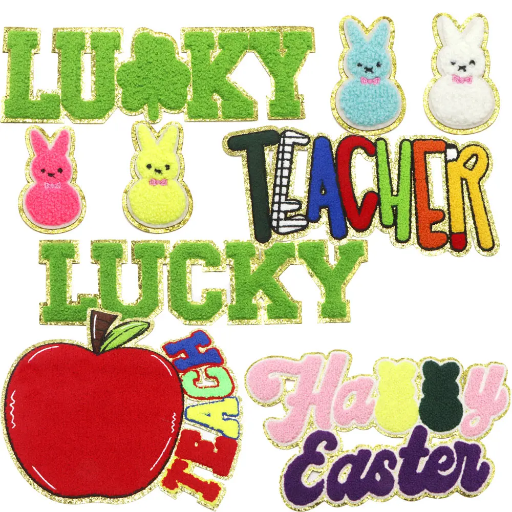 1pc Ostern Kaninchen DIY Chenille Stickerei Patch Eisen auf Patches für Kleidung Thermo kleber Patches auf Hoodie Jacken Abzeichen