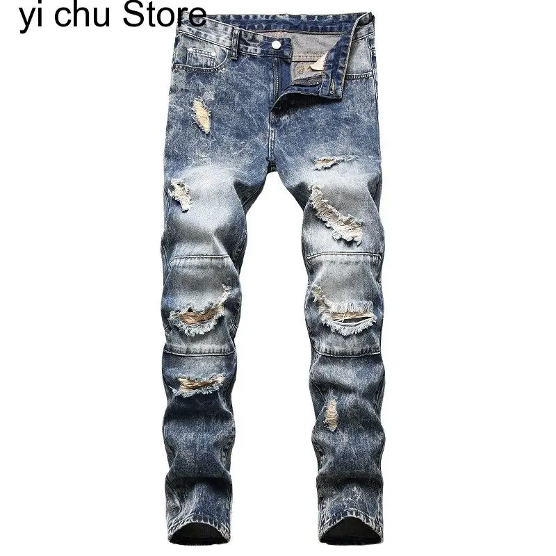 

New Retro Blue brand Ripped jeans pants Men Straight slim jeans patchwork Moto Biker Denim pants hole skinny jeans for men 29-42