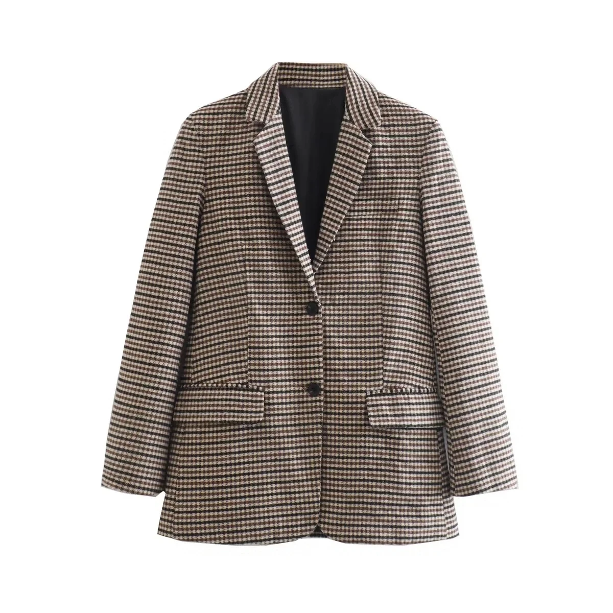

Fashion Woman Blazer 2022 Brown Houndstooth Plaid Coats Autumn Retro Women's Jacket Single-Breasted Casual Suit Elegant Classic