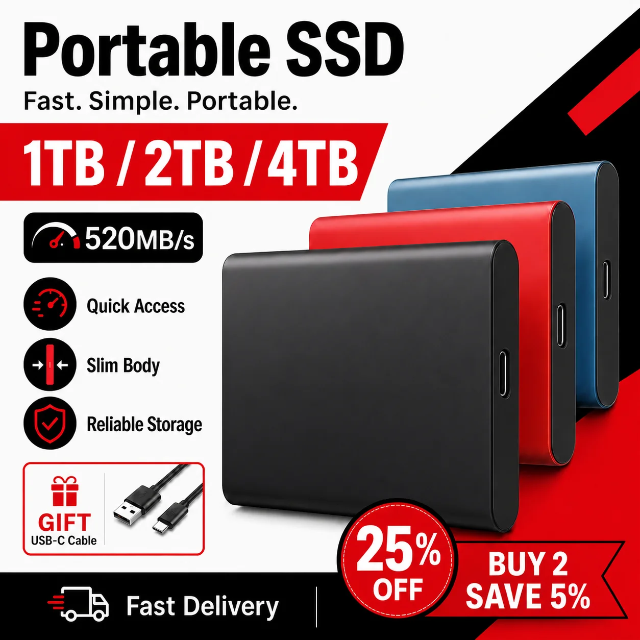 External SSD 1TB 2TB Portable Solid State Drive USB3.2 Type-C File Store for Laptop Mac Computer 1