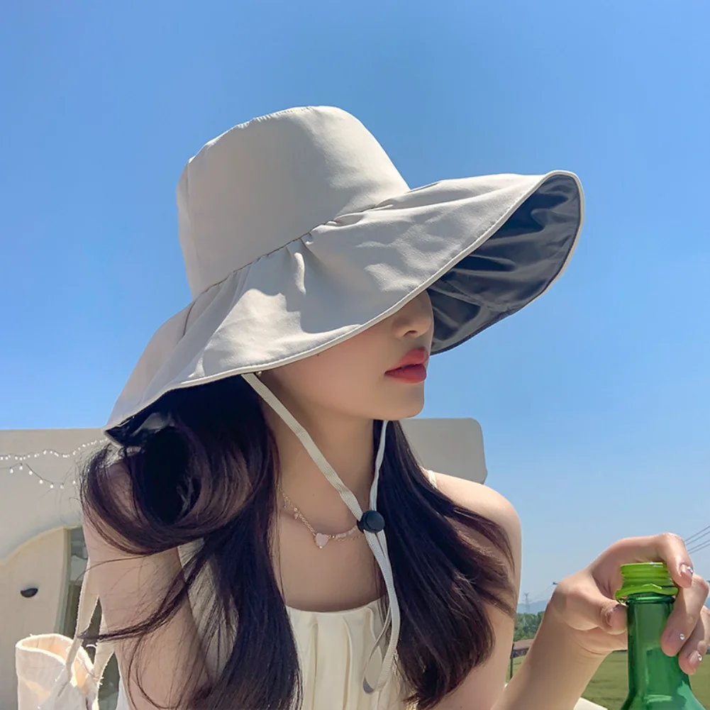 

Women Summer Wide Brim Sunscreen Hat with Rope Outdoor Beach Sun Protection Solid Foldable Caps Female Bucket Hats Anti-UV Cap