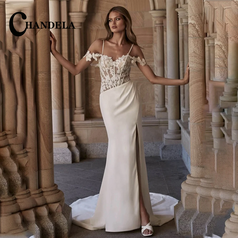 

CHANDELA Sweetheart Side Slit Trumpet Wedding Dresses Satin Spaghetti Strap Off The Shoulder Illusion Customised Robe De Mariée