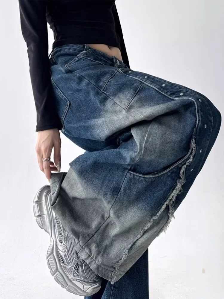 2025 American Retro Y2K Style Patchwork Washed Black Baggy Women's Stacked Jeans Pants Woman Clothing Wide Leg Denim Trousers 5