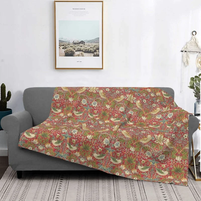 

William Morris Strawberry Thief Crimson Blankets Fleece Print art nature Breathable Warm Throw Blanket for Bed Couch Quilt