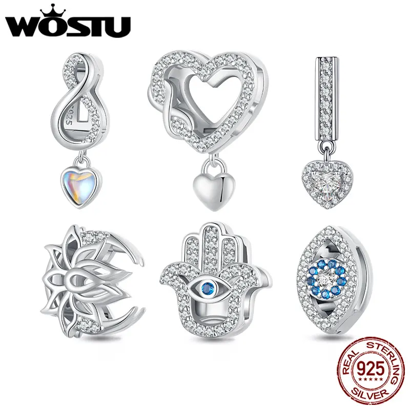 Wostu 925 Sterling Silver Heart Clip Charms Mano Di Fatima Bead Lotus Flower Pedant Fit Reflection Mesh Bracciale Gioielli Fai Da Te Nuovo
