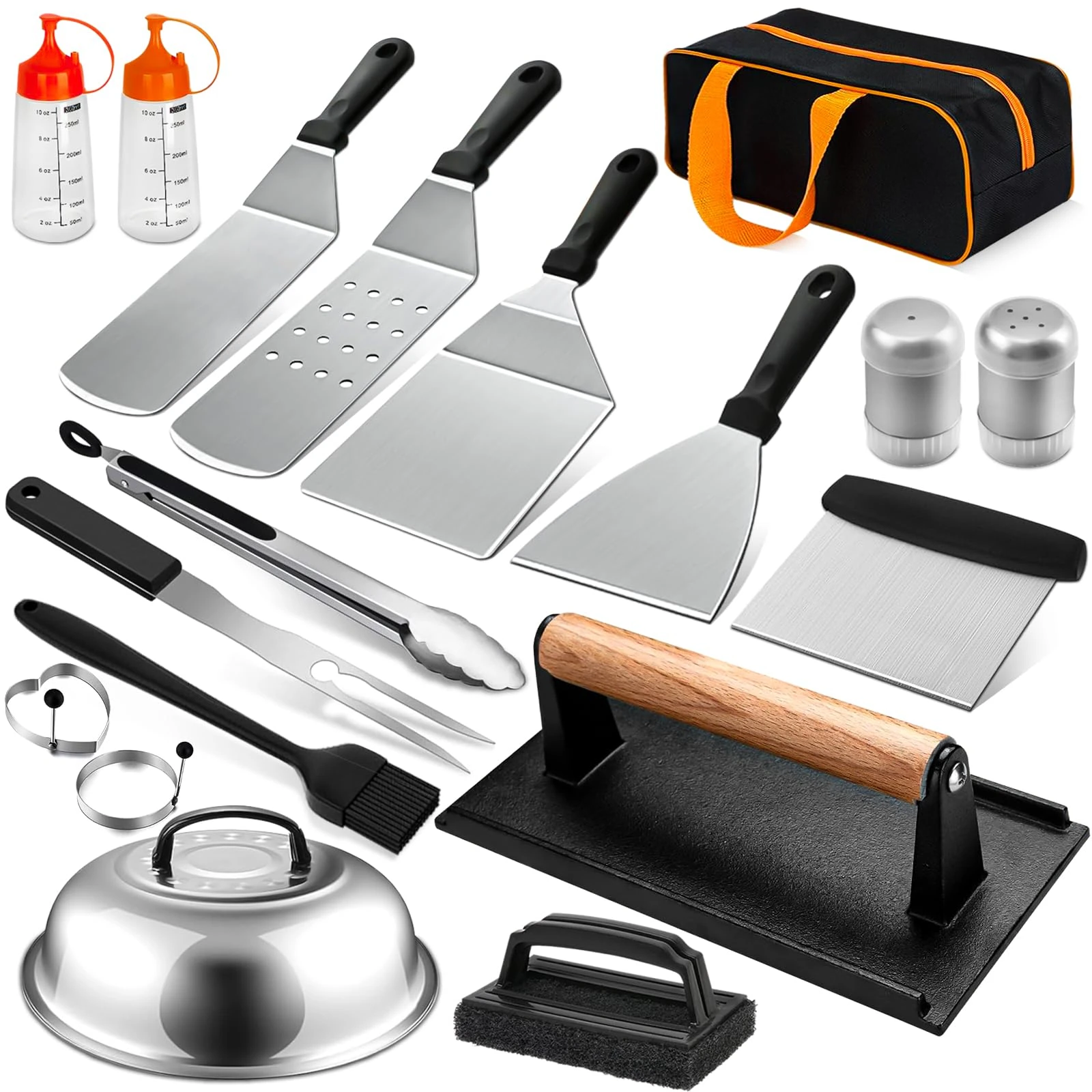 Edelstahl-Grillspatel-Set 29-teilig mit Hamburgerpresse, Omelettformer, Pizzaschaufel, Pfannkuchen- und BBQ-Zubehör – Detail 1