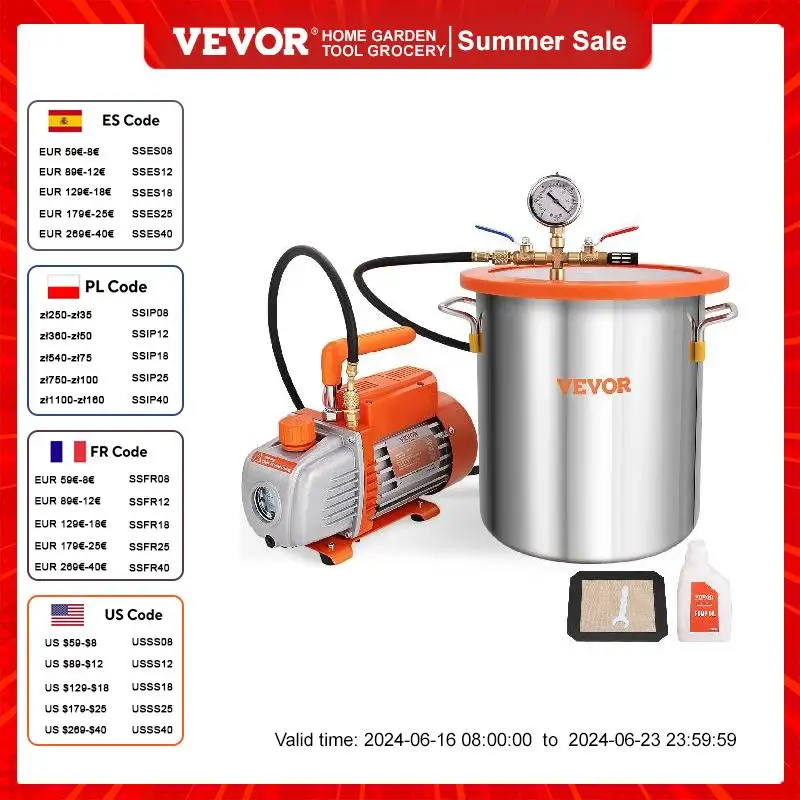 

VEVOR 5 Gallon Vacuum Chamber 3.5 CFM Vacuum Degassing Chamber Kit Single Stage Vacuum Pump for Degassing Silicones Epoxies