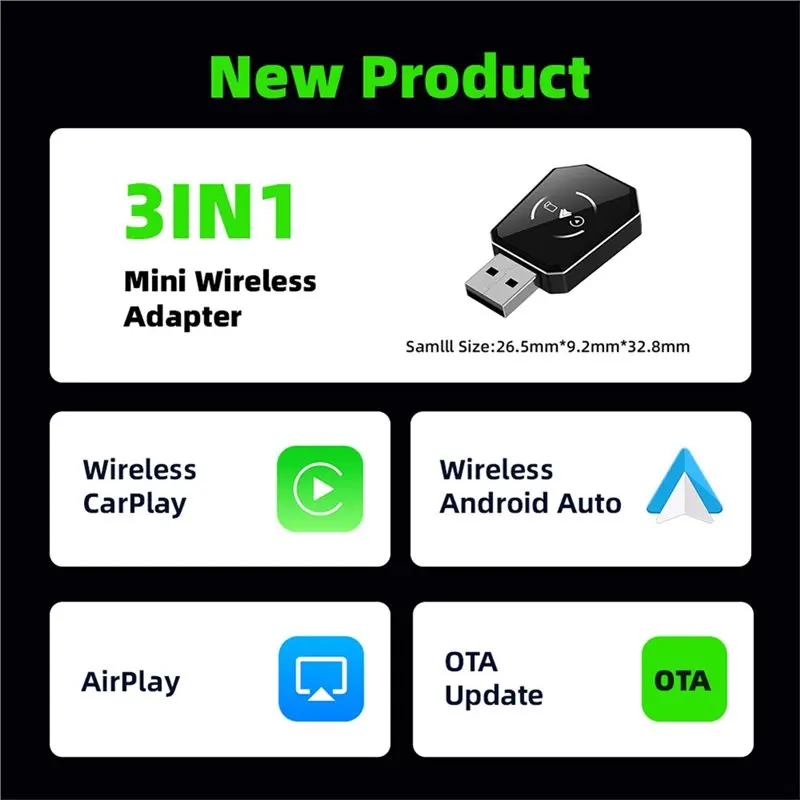 AED7-3In1 무선 카플레이 어댑터 스마트 카플레이/안드로이드 오토/에어플레이 USB 동글 블루투스5.2 유선 카플레이를 무선으로