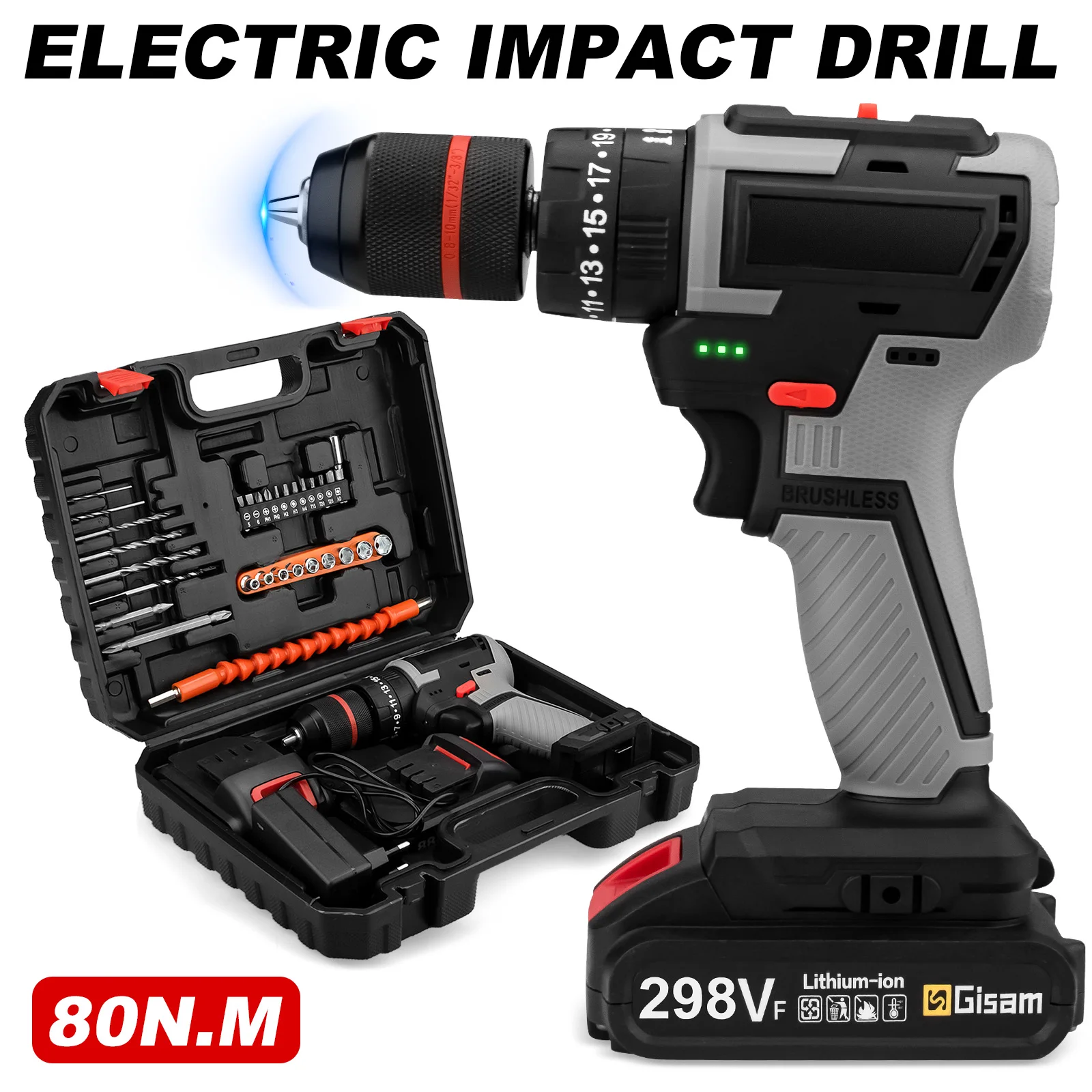 

80NM Brushdless Impact Drill Screwdriver 25+3 Torque Electirc Hammer Drill Handheld Battery Impact Drill Screwdriver Power Tools