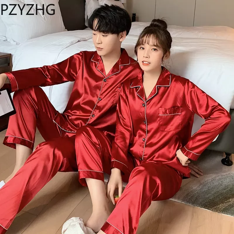 Conjunto de pijamas de satén de seda para hombre y mujer, ropa de dormir de talla grande con botones largos, Color sólido, 2023