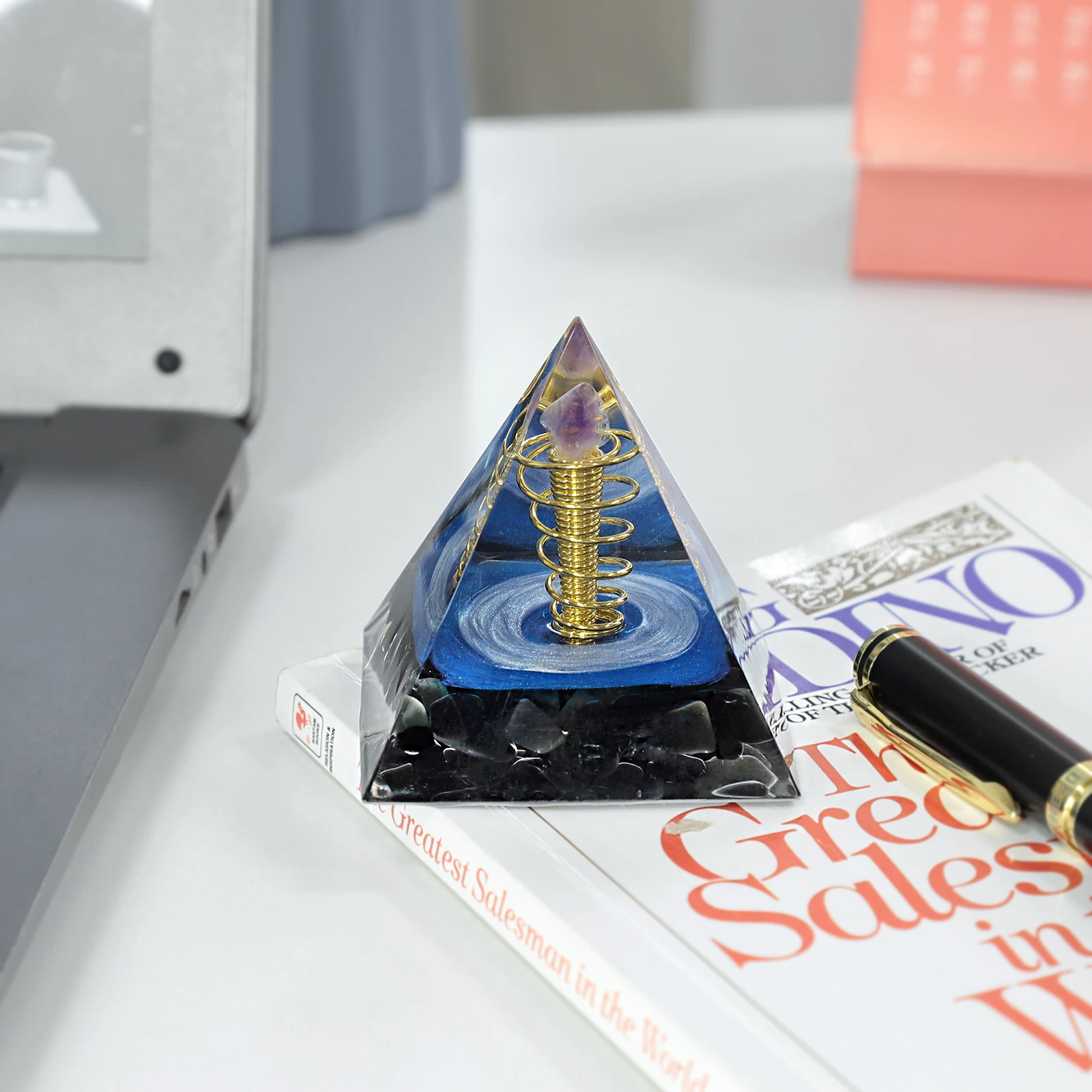 Healing Crystal Stone Orgone Pyramid With Amethyst Cluster Wrapped Copper Wire Orgonite Reiki Generator For Chakra Balancing