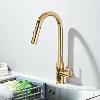 Rubinetto per lavello da cucina in oro lucido con beccuccio estraibile Rubinetti miscelatori acqua calda fredda montati sul piano 1