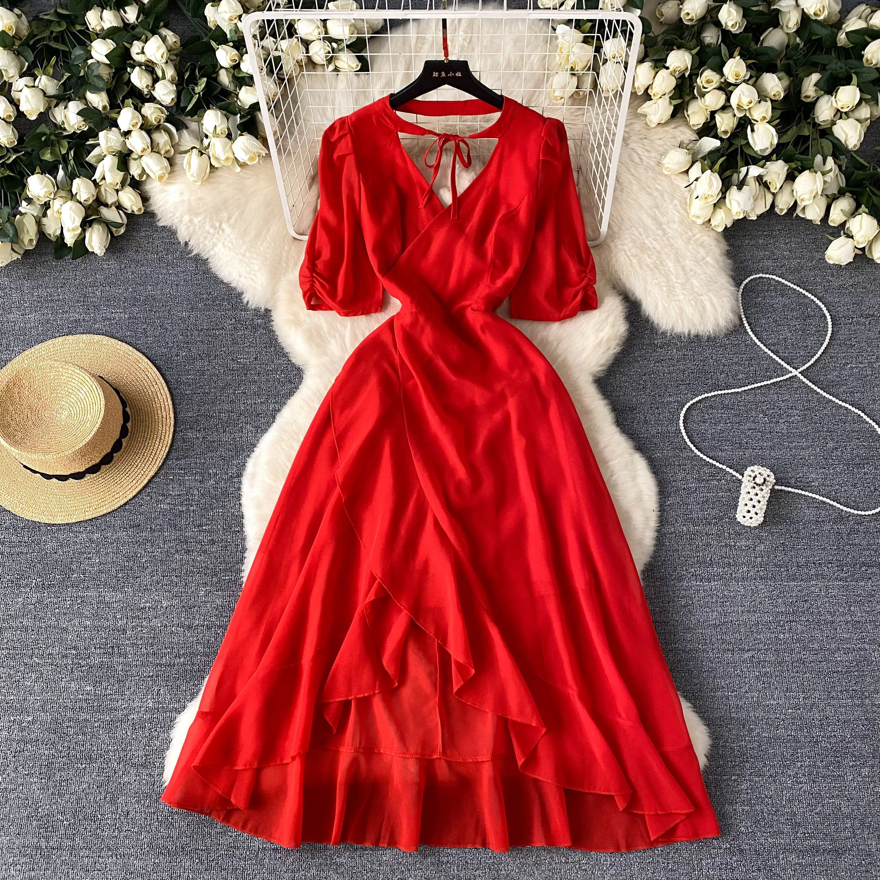 

sweet Vintage backless Puff Sleeves Elegant cut out Dress Casual Women A-LINE Fashion summer asymmetrical dresses