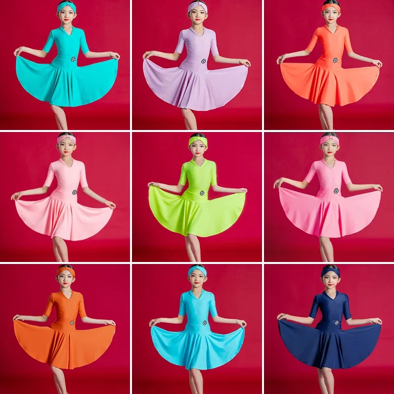 

Платье для латиноамериканских танцев для девочек, детское платье для соревнований, профессиональный экзамен, большая юбка для выступлений