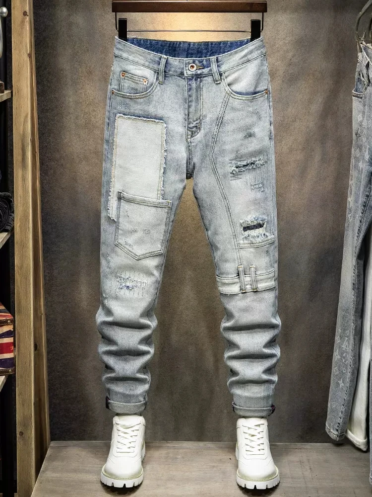 Street Fashion Men Jeans Retro Light Gray Blue Elastic Slim Fit Ripped Jeans Men Spliced Designer Multi Pockets Hip Hop Pants