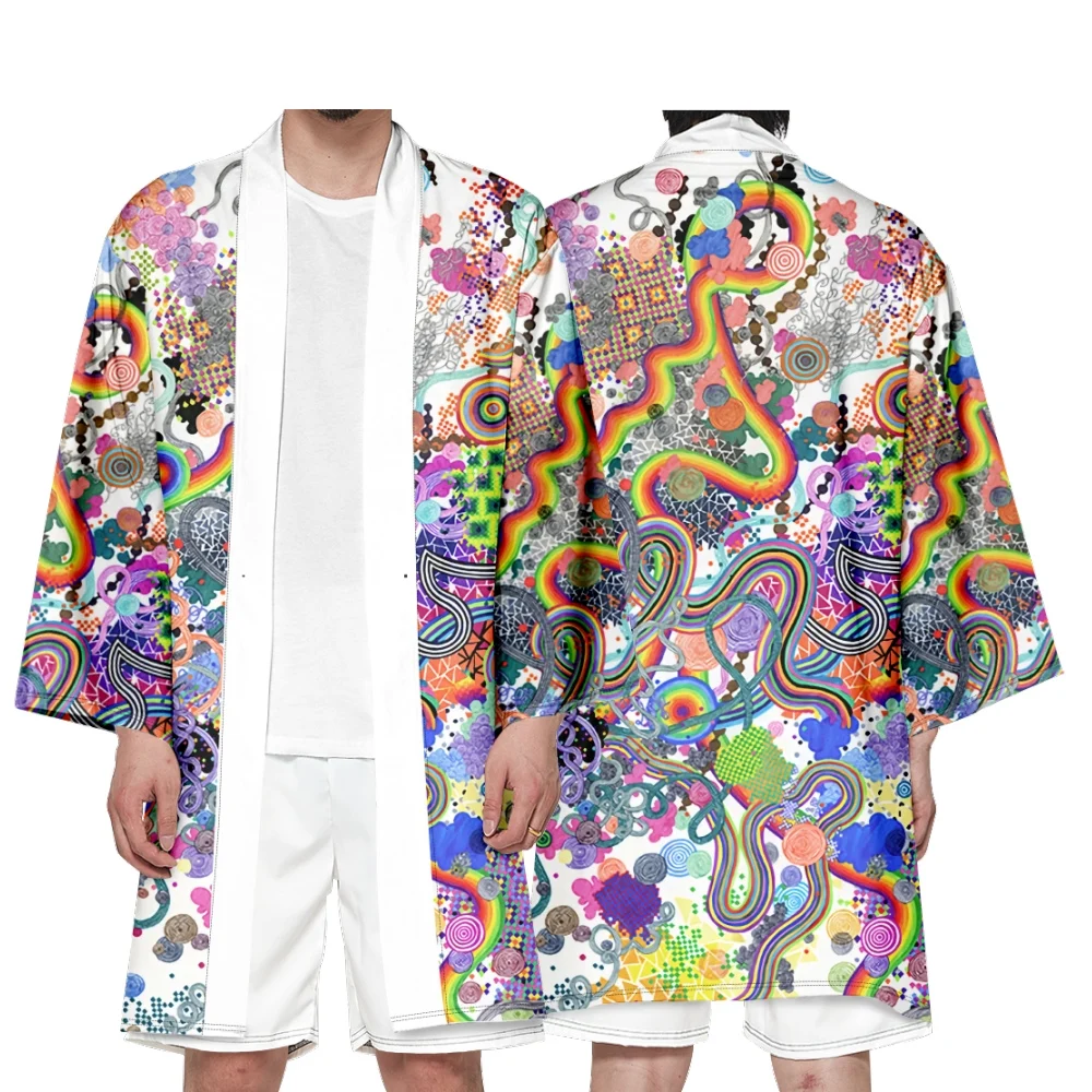 Men's Japanese Long Kimono Cardigan Men's Samurai Clothing Kimono Psychedelic Pattern Shirt Yukata Jacket