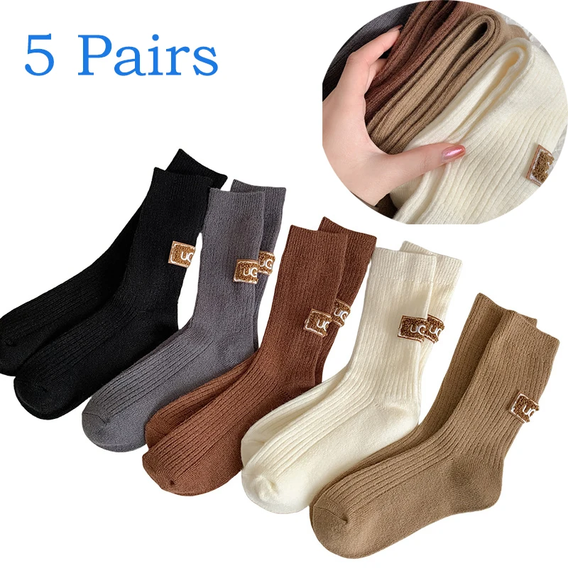 Women Socks 5 Pairs Luxury Designer Cashmere Wool Solid Warm Thick Pile Embroidered Logo Mid-Calf Casual Snow Boot