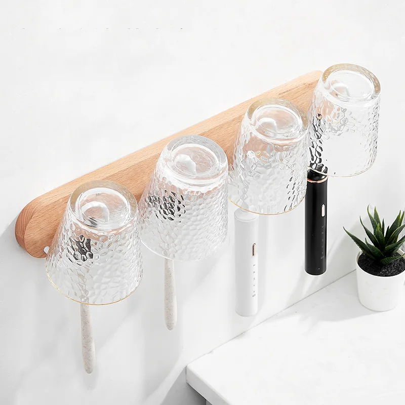 Wall-mounted Bathroom Toothbrush Rack With Gargle Cup Wood Toothbrush Cup Holder White Toilet Electric Storage Rack