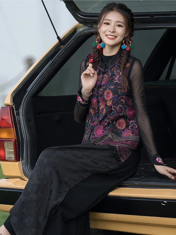 chinese national style new women vest embroidery stand up collar vest jacquard tang suits women vintage top jacket