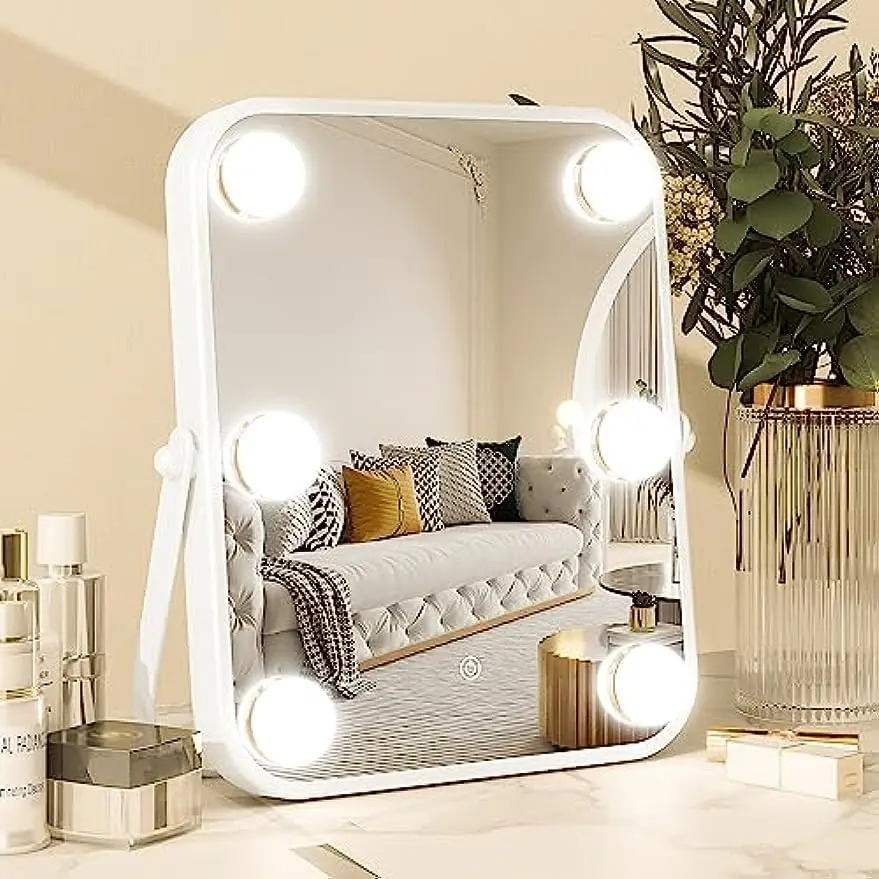 Vanity Mirror with Lights, Hollywood Makeup Mirror, Lighted Desktop Makeup Mirror with 6 Dimmable LED Bulbs, Cosmetic Makeup retail frameless vanity mirror with light hollywood makeup lighted mirror 3 color light cosmetic mirror adjustable touch screen