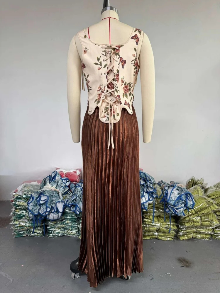 Wmstar Dress Sets Women Wholesale  Summer 2025 New Sweet Floral Print Vest High Waist Pleated Skirt Two Piece Set Dropshopping